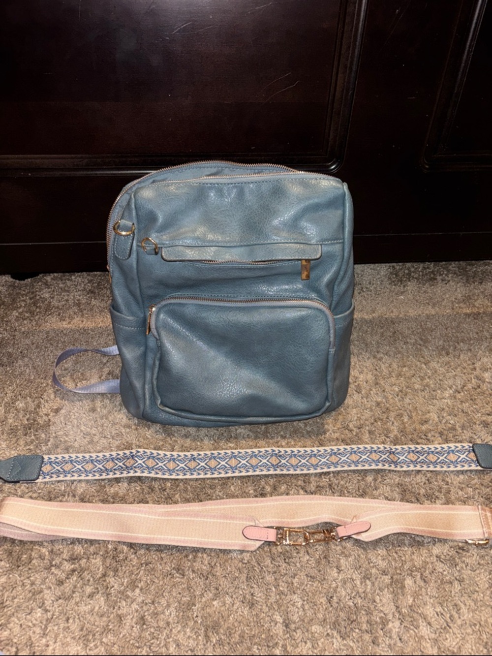 Sleek Blue Faux Leather Everyday Backpack with Gold Accents
